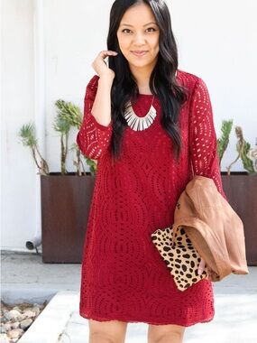 J. Crew Red Crochet Long-Sleeve Shift Dress